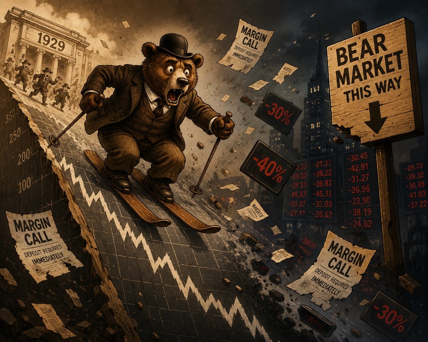 Vintage cartoon bear in a bowler hat and three-piece suit skiing down a stock chart, with margin-call notices and red stock tickers flying past, against a 1929-era city backdrop