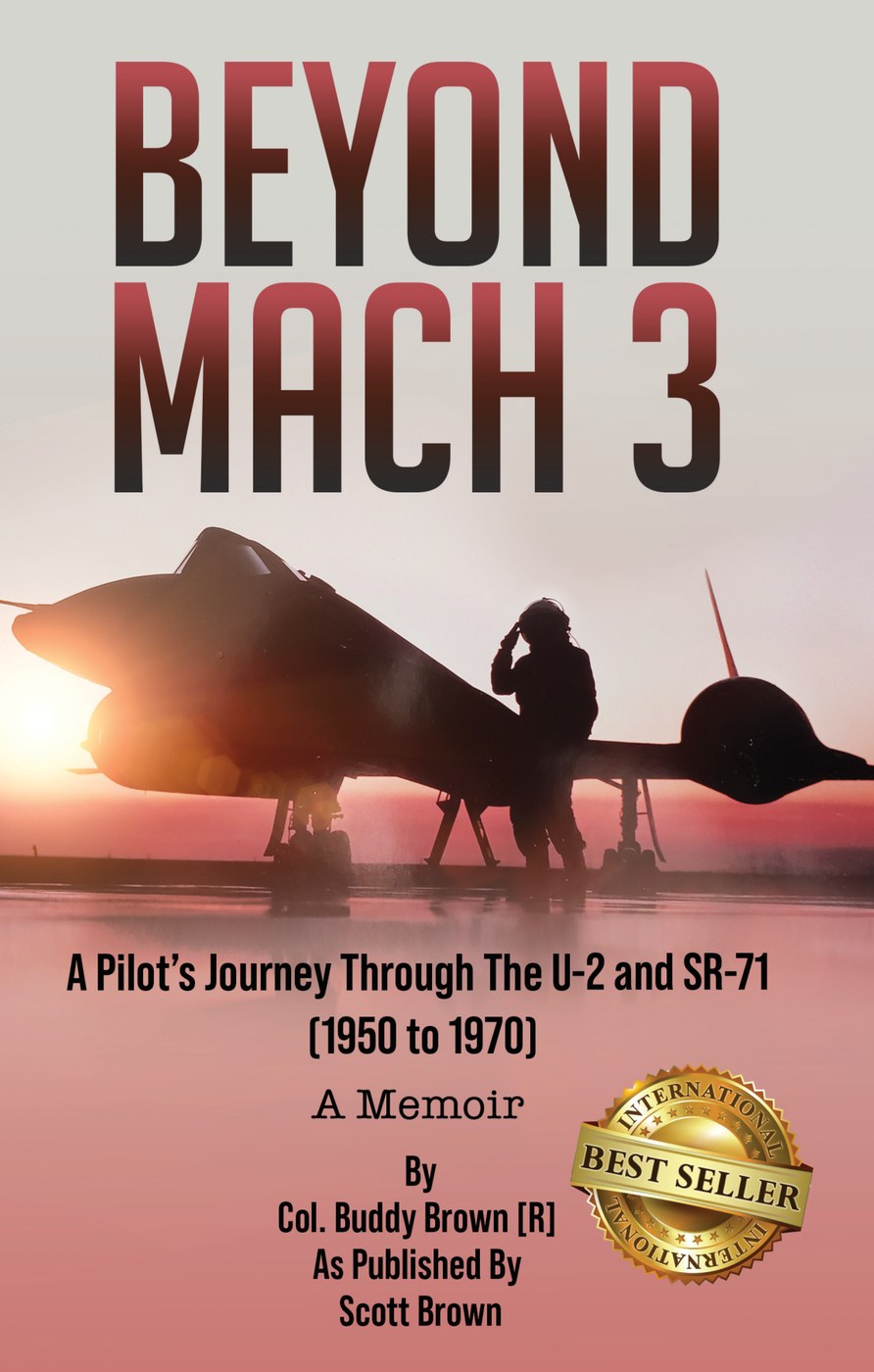 Beyond Mach 3 book cover — silhouetted SR-71 Blackbird at sunset with pilot saluting.