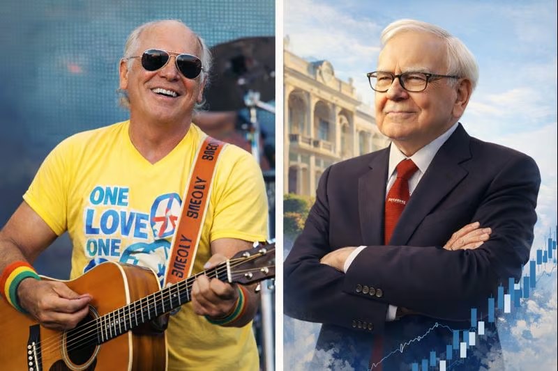 A side-by-side image of Jimmy Buffett (left, on stage with a guitar) and Warren Buffett (right, with arms crossed in front of a stock chart background).