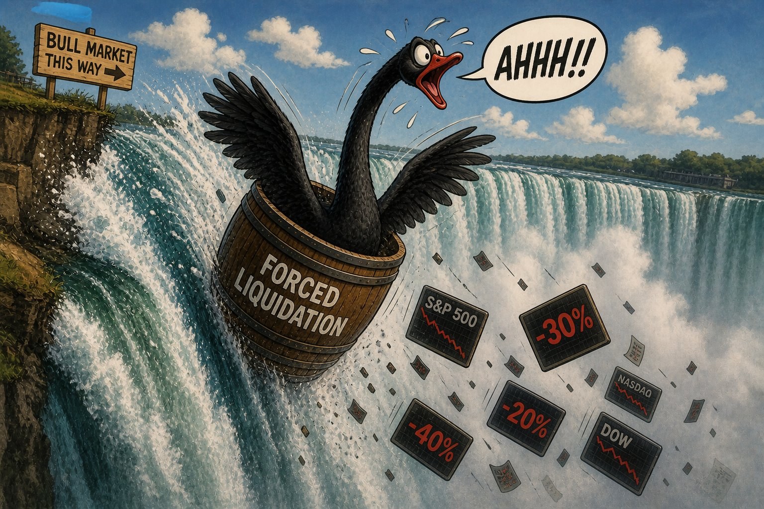Black swan in a barrel labeled FORCED LIQUIDATION going over Niagara Falls past a sign reading BULL MARKET THIS WAY, with stock tickers showing -30% and -40%