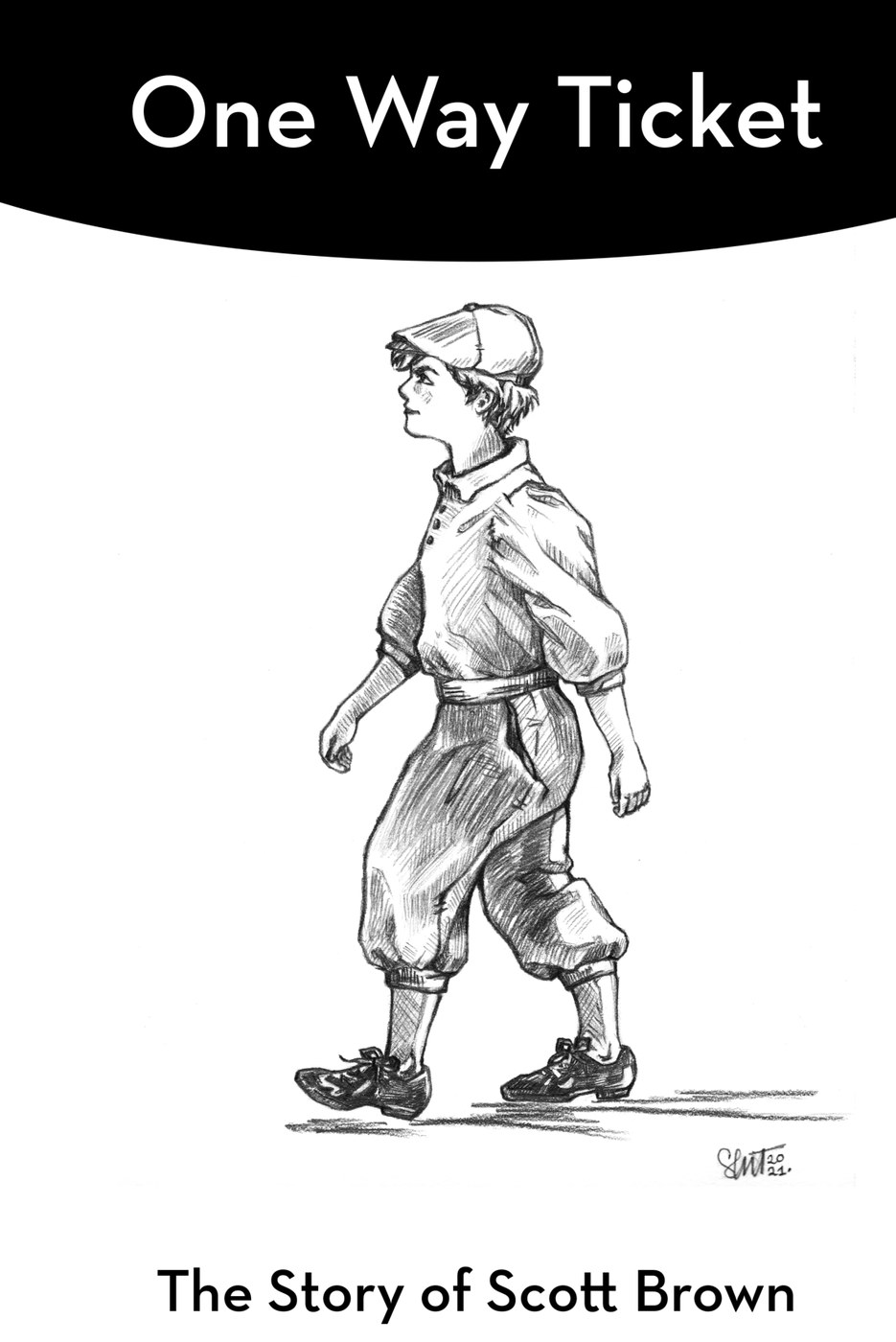 One Way Ticket book cover by Scott Brown — pencil drawing of a young boy in 1920s clothing