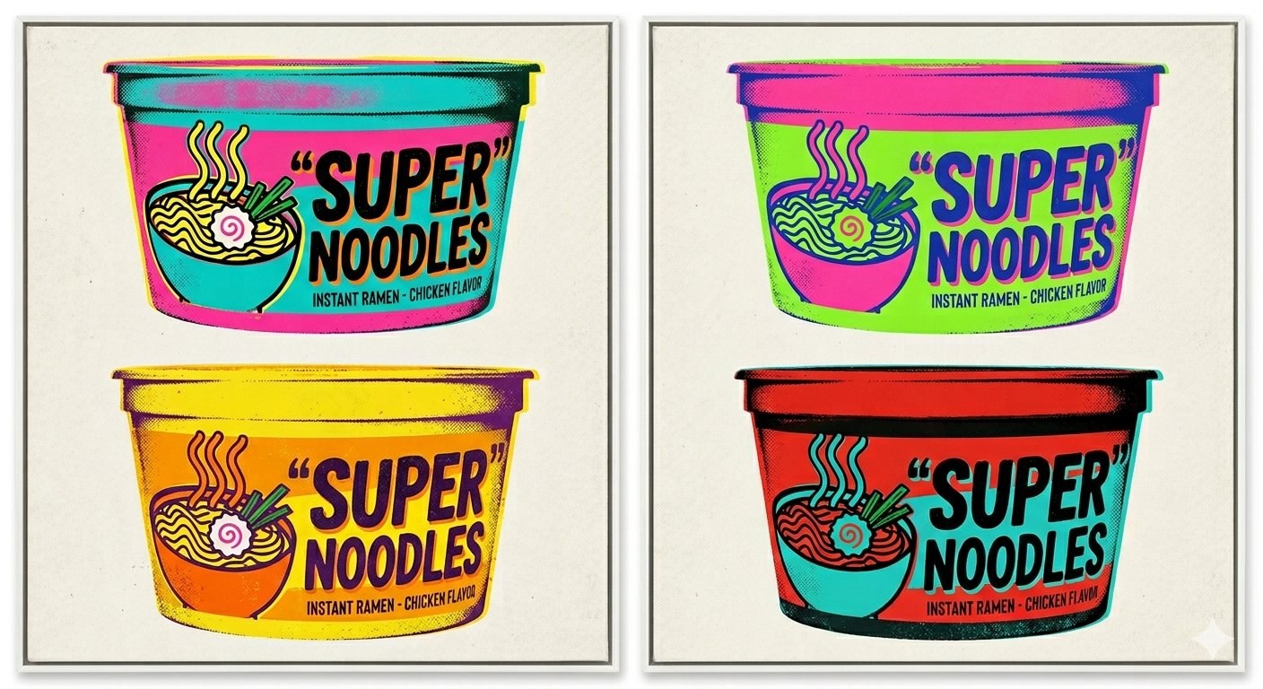 Pop-art illustration of four neon-colored Super Noodles ramen cups — a tongue-in-cheek visual for the choice between Ramen and a $450,000 mortgage at 8 percent.